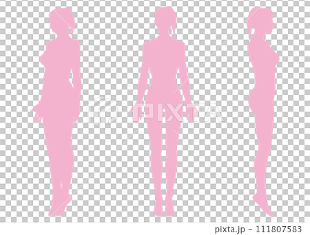 馬尾辮女性上半身正面、側面和對角線輪廓的插圖集 111807583