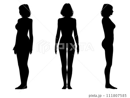 セミロングの女性の上半身正面 横向き 斜めのシルエットのイラストセット 111807585