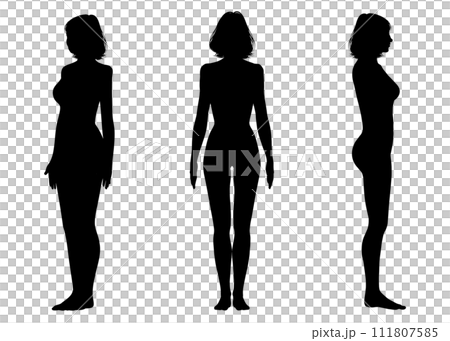セミロングの女性の上半身正面 横向き 斜めのシルエットのイラストセット 111807585
