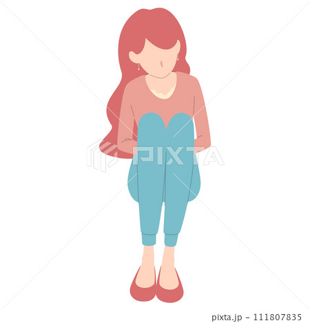 膝を抱えて座る女性　下を向く女の人　体育座りのベクターイラスト 111807835