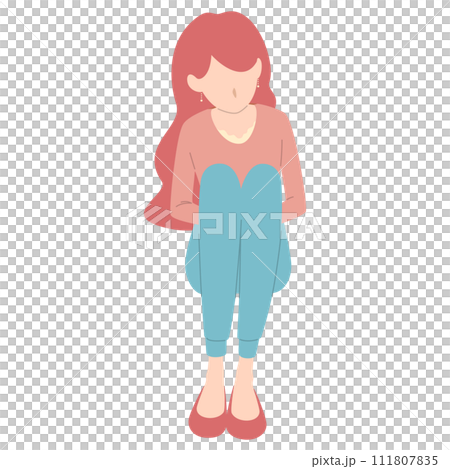 膝を抱えて座る女性　下を向く女の人　体育座りのベクターイラスト 111807835
