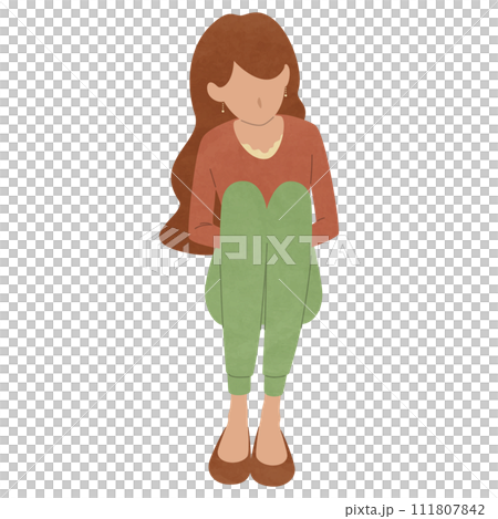 A woman sitting holding her knees, a woman looking down, a vector illustration of a woman sitting in a gymnasium 111807842
