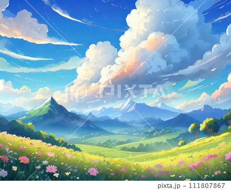 晴れた日の青空と花が咲く爽やかな草原横2 ai生成画像 晴れた日の青空と花が咲く爽やかな草原横2 ai生成画像 111807867