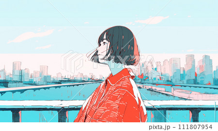 都会と海と遠くを見る若い女性 都会と海と遠くを見る若い女性 111807954