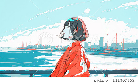 都会と海と遠くを見る若い女性 都会と海と遠くを見る若い女性 111807955