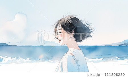 海辺で笑う女性の横顔 海辺で笑う女性の横顔 111808280