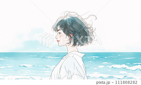 海辺で笑う女性の横顔 111808282