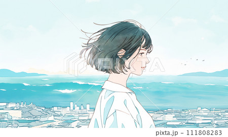 海辺で笑う女性の横顔のイラスト素材 [111808283] - PIXTA