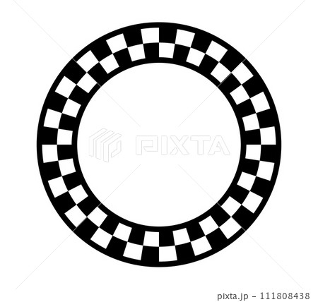 Checkered circle frame. Circle frame with checkerboard geometric pattern. Round chess border with black and white square pattern. Round race frame. Vector illustration on white background Checkered circle frame. Circle frame with checkerboard geometric pattern. Round chess border with black and white square pattern. Round race frame. Vector illustration on white background 111808438