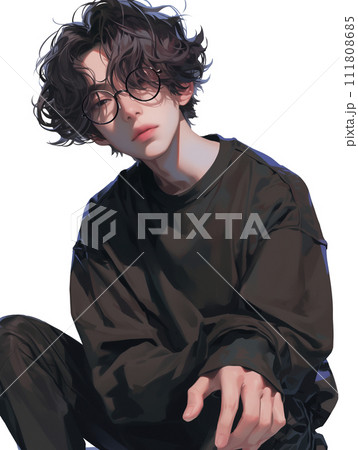 少しくせ毛でマッシュヘアのメガネ男子（AI生成画像） 111808685