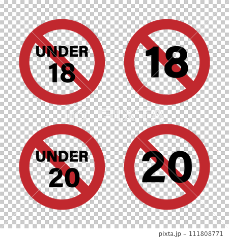 Age restriction mark "UNDER 18" and "UNDER 20" red Age restriction mark "UNDER 18" and "UNDER 20" red 111808771