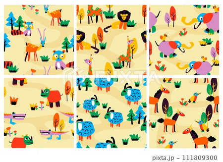 Decorative pattern with hand drawn animals outside 111809300