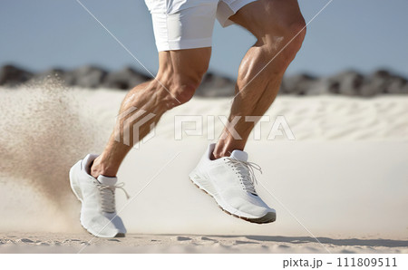 Sneakers kicking up sand on a beach. 111809511
