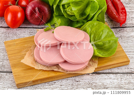 Slices boiled sausages for breakfast Slices boiled sausages for breakfast 111809955