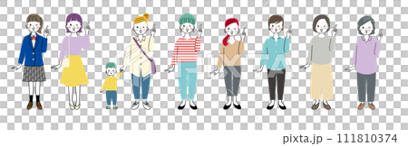 Illustrations of women of various ages in pointing poses and winking Illustrations of women of various ages in pointing poses and winking 111810374