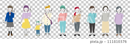 各年齡層女性做指點姿勢的全身插畫 各年齡層女性做指點姿勢的全身插畫 111810376