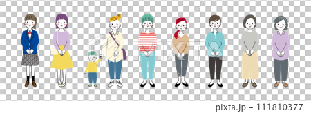 両手を前に組んで礼儀正しくたっている様々な年齢層の女性の全身イラスト 111810377