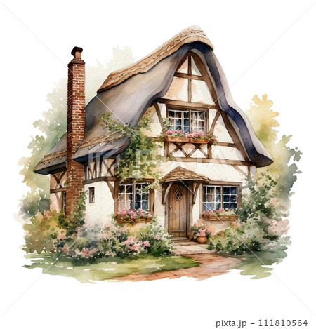 Hand drawn illustration of traditional English village house isolated on white background. Watercolor cozy house with thatched roof, plants and sky. 111810564