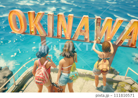 大きな「OKINAWA」の文字と観光客の女性3人(3D) 大きな「OKINAWA」の文字と観光客の女性3人(3D) 111810571