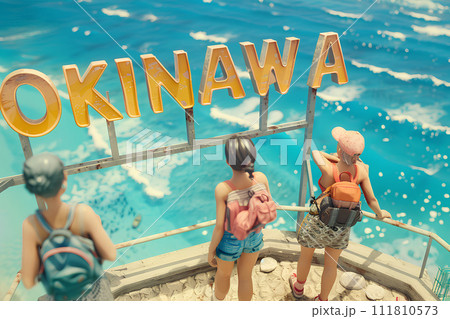 大きな「OKINAWA」の文字と観光客の女性3人(3D) 大きな「OKINAWA」の文字と観光客の女性3人(3D) 111810573