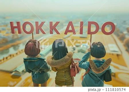 大きな「OKINAWA」の文字と観光客の女性3人（3D） 111810574