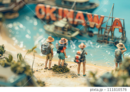 大きな「OKINAWA」の文字と観光客の女性3人（3D） 111810576