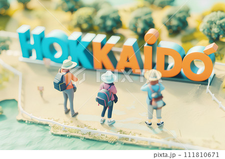 大きな「HOKKAIDO」の文字と観光客の女性3人(3D) 大きな「HOKKAIDO」の文字と観光客の女性3人(3D) 111810671