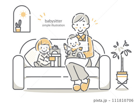 楽しく遊ぶ子供たちとベビーシッターの女性　シンプルでお洒落な線画イラスト 111810706