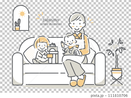 楽しく遊ぶ子供たちとベビーシッターの女性　シンプルでお洒落な線画イラスト 111810706