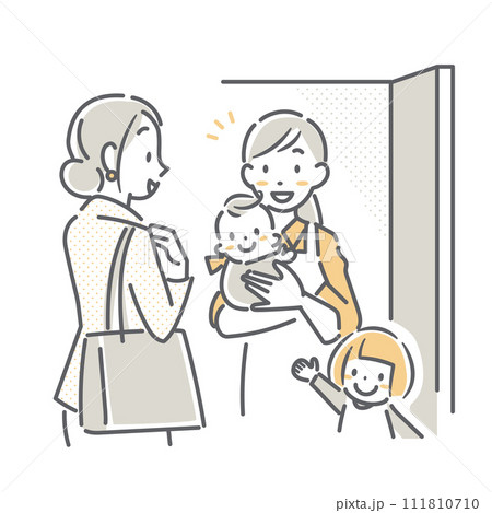 ベビーシッターサービスを利用する若いお母さん　シンプルでお洒落な線画イラスト 111810710