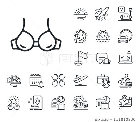 Breast lingerie sign. Plane jet, travel map and baggage claim outline icons. Bra brassiere line icon. Women chest underwear symbol. Bra line sign. Car rental, taxi transport icon. Vector 111810830