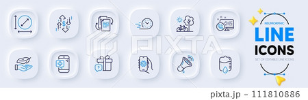 App settings, Bureaucracy and Circle area line icons for web app. Pack of Dollar rate, Fast delivery, Lightweight pictogram icons. Web call, Secret gift, Bicycle signs. Medical phone. Vector 111810886