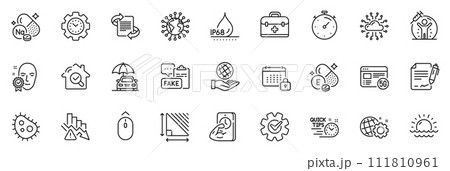 Icons pack as Safe planet, Time management and Sunset line icons for app include Fake document, Waterproof, Car insurance outline thin icon web set. Calendar, First aid, Deflation pictogram. Vector 111810961