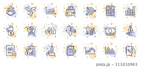 Outline set of Tax calculator, Discounts app and Candlestick graph line icons for web app. Include Shopping cart, Wind energy, Income money pictogram icons. Cash money, Budget profit. Vector Outline set of Tax calculator, Discounts app and Candlestick graph line icons for web app. Include Shopping cart, Wind energy, Income money pictogram icons. Cash money, Budget profit. Vector 111810963