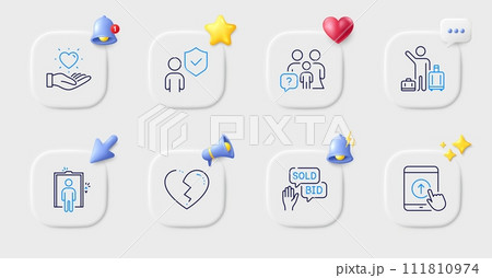 Airport transfer, Bid offer and Security line icons. Buttons with 3d bell, chat speech, cursor. Pack of Hold heart, Family questions, Swipe up icon. Elevator, Broken heart pictogram. Vector 111810974