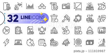 Outline set of Hourglass timer, Backpack and Report line icons for web with Chemistry experiment, Deflation, Timer thin icon. Voice wave, Accounting report, Line graph pictogram icon. Vector Outline set of Hourglass timer, Backpack and Report line icons for web with Chemistry experiment, Deflation, Timer thin icon. Voice wave, Accounting report, Line graph pictogram icon. Vector 111810987