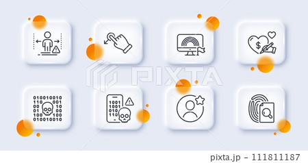 Social distance, Best friend and Cyber attack line icons pack. 3d glass buttons with blurred circles. Inspect, Binary code, Social care web icon. Drag drop, Lgbt pictogram. Vector 111811187