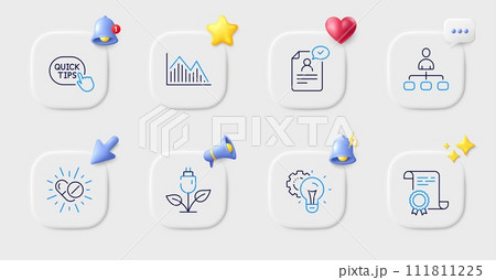 Investment graph, Idea gear and Certificate line icons. Buttons with 3d bell, chat speech, cursor. Pack of Resume document, Eco power, Quick tips icon. Medical drugs, Management pictogram. Vector Investment graph, Idea gear and Certificate line icons. Buttons with 3d bell, chat speech, cursor. Pack of Resume document, Eco power, Quick tips icon. Medical drugs, Management pictogram. Vector 111811225