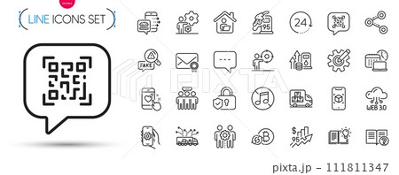 Pack of Fuel price, Fake news and Work home line icons. Include Job, Work time, Employees group pictogram icons. Augmented reality, 24 hours, No music signs. Security lock. Vector 111811347