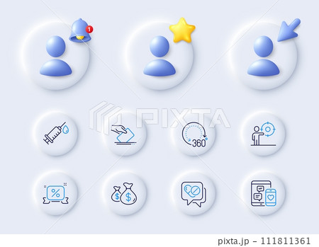 Discounts ribbon, Coins bags and Voting ballot line icons. Placeholder with 3d cursor, bell, star. Pack of 360 degrees, Medical drugs, Medical syringe icon. Vector 111811361