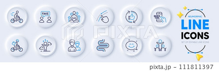 Swipe up, Delivery bike and Fake information line icons for web app. Pack of Yoga, Intestine, Couple pictogram icons. Education, Difficult stress, Smile chat signs. Cyclist, Inclusion. Vector 111811397