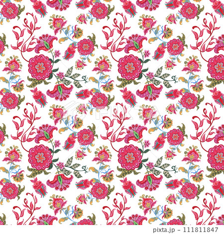 Pattern of colorful flowers watercolor with Ajrakh painting style Pattern of colorful flowers watercolor with Ajrakh painting style 111811847