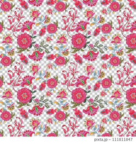 Pattern of colorful flowers watercolor with Ajrakh painting style Pattern of colorful flowers watercolor with Ajrakh painting style 111811847