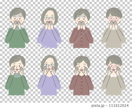 Illustration set of senior women who are surprised and calling out 111812024