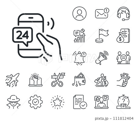 Call support sign. Salaryman, gender equality and alert bell outline icons. 24 hour service line icon. Feedback chat symbol. 24h service line sign. Spy or profile placeholder icon. Vector 111812404