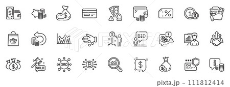 Icons pack as Wallet money, Wallet and Income money line icons for app include Stress, Usd coins, Presentation board outline thin icon web set. Cash back, Auction, Auction hammer pictogram. Vector 111812414