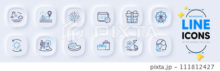 Travel sea, Grilled steak and Gift box line icons for web app. Pack of Ferris wheel, Fireworks explosion, Gifts pictogram icons. Message, Insomnia, Roller coaster signs. Delivery. Vector 111812427