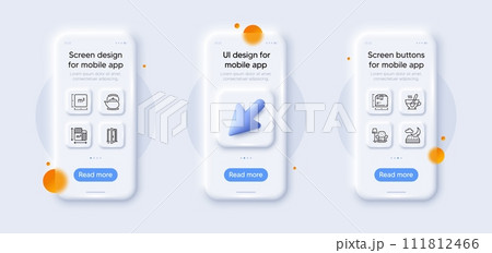 Floor plan, Tea cup and Package size line icons pack. 3d phone mockups with cursor. Glass smartphone screen. Armchair, Teapot, Night mattress web icon. Square meter, Open door pictogram. Vector Floor plan, Tea cup and Package size line icons pack. 3d phone mockups with cursor. Glass smartphone screen. Armchair, Teapot, Night mattress web icon. Square meter, Open door pictogram. Vector 111812466