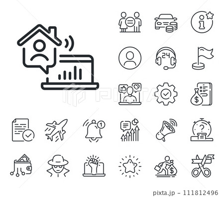 Freelance job sign. Salaryman, gender equality and alert bell outline icons. Work at home line icon. Remote office employee symbol. Work home line sign. Spy or profile placeholder icon. Vector Freelance job sign. Salaryman, gender equality and alert bell outline icons. Work at home line icon. Remote office employee symbol. Work home line sign. Spy or profile placeholder icon. Vector 111812496