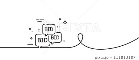 Bid offer line icon. Continuous one line with curl. Auction sign. Raise the price up symbol. Bid offer single outline ribbon. Loop curve pattern. Vector Bid offer line icon. Continuous one line with curl. Auction sign. Raise the price up symbol. Bid offer single outline ribbon. Loop curve pattern. Vector 111813187